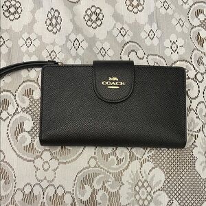 Coach Black Leather Wristlet with Gold Accents